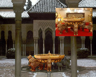 Photomontage de la rplique en laiton et verre de la Fontaine du Patio des Lions de l'Alhambra.